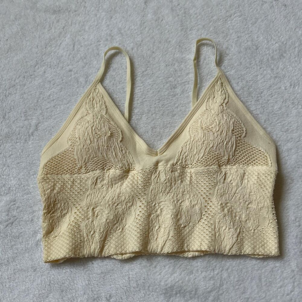 Cream yellow crop top bralette textured floral embroidery removable padding xs/s